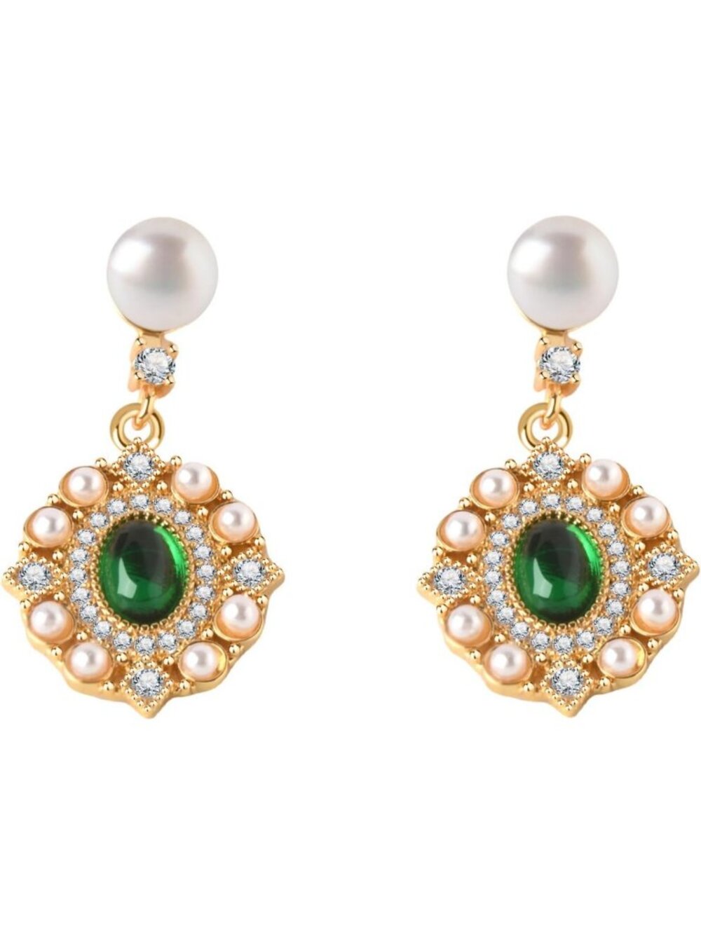 Vintage-Inspired Gold Drop Earrings with Green Crystals & Pearls - Perfect Gift!